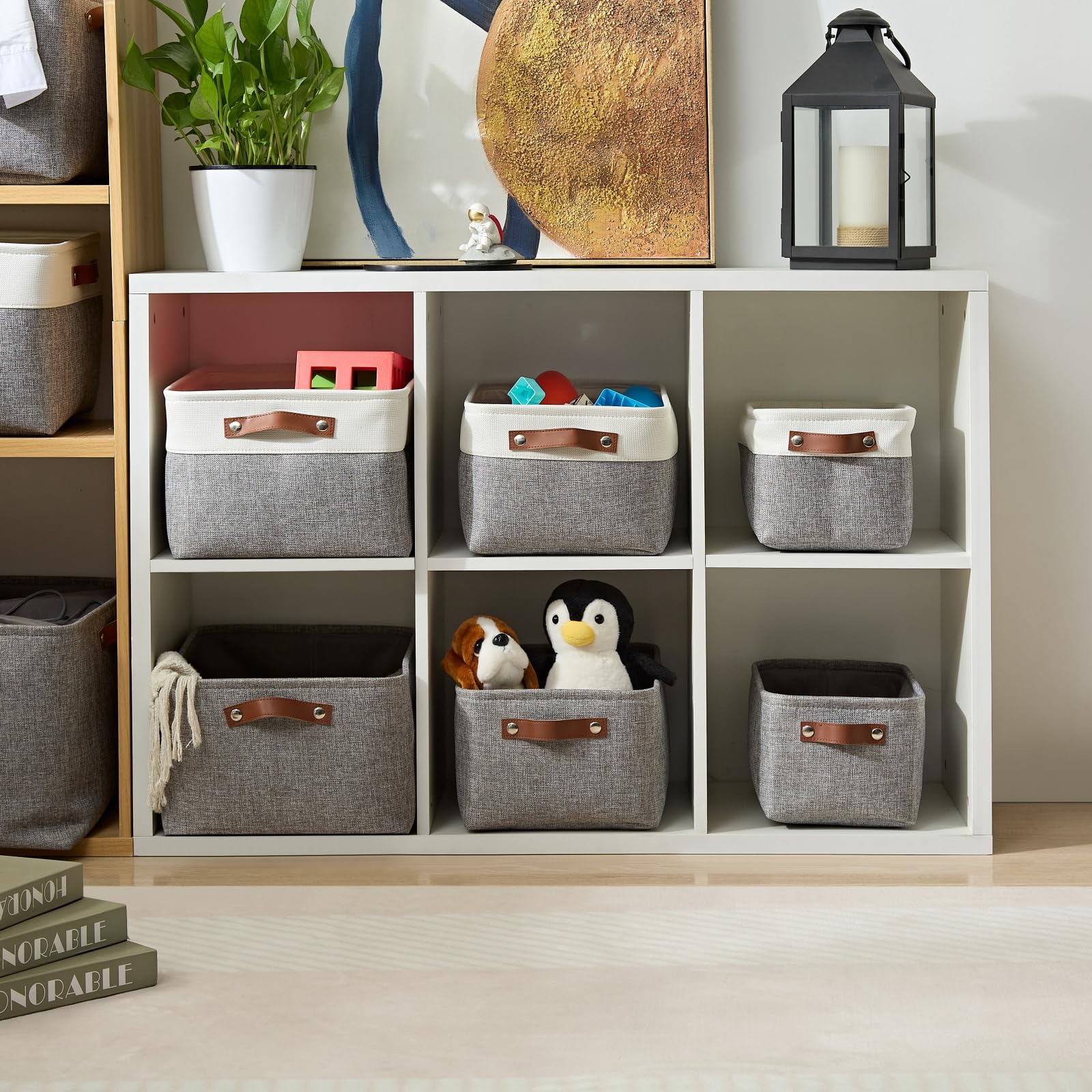 Mangata Set of 3 Fabric Storage Boxes, Medium Collapsible Storage Basket for Books, Baby Toys, Clothes (Medium, Grey)