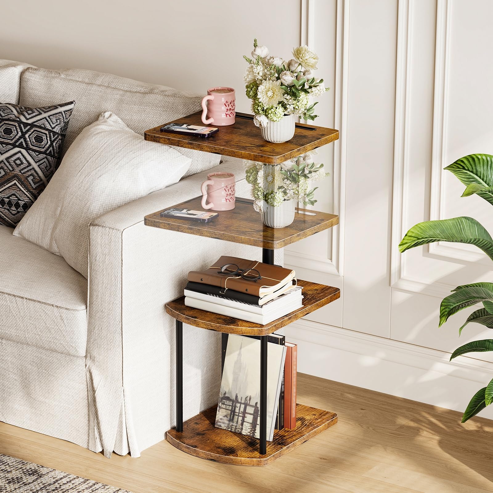 HOOBRO 3-Tier Side Table, Adjustable Height Sofa Table, C Shaped Side Table with 360° Swivel Tabletop and Tablet Slot