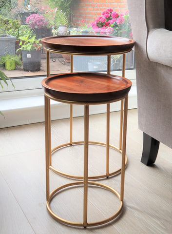 ASPECT Delphyne Wooden Round Nest Of 2 Tables With Metal Legs (Brown/Gold)