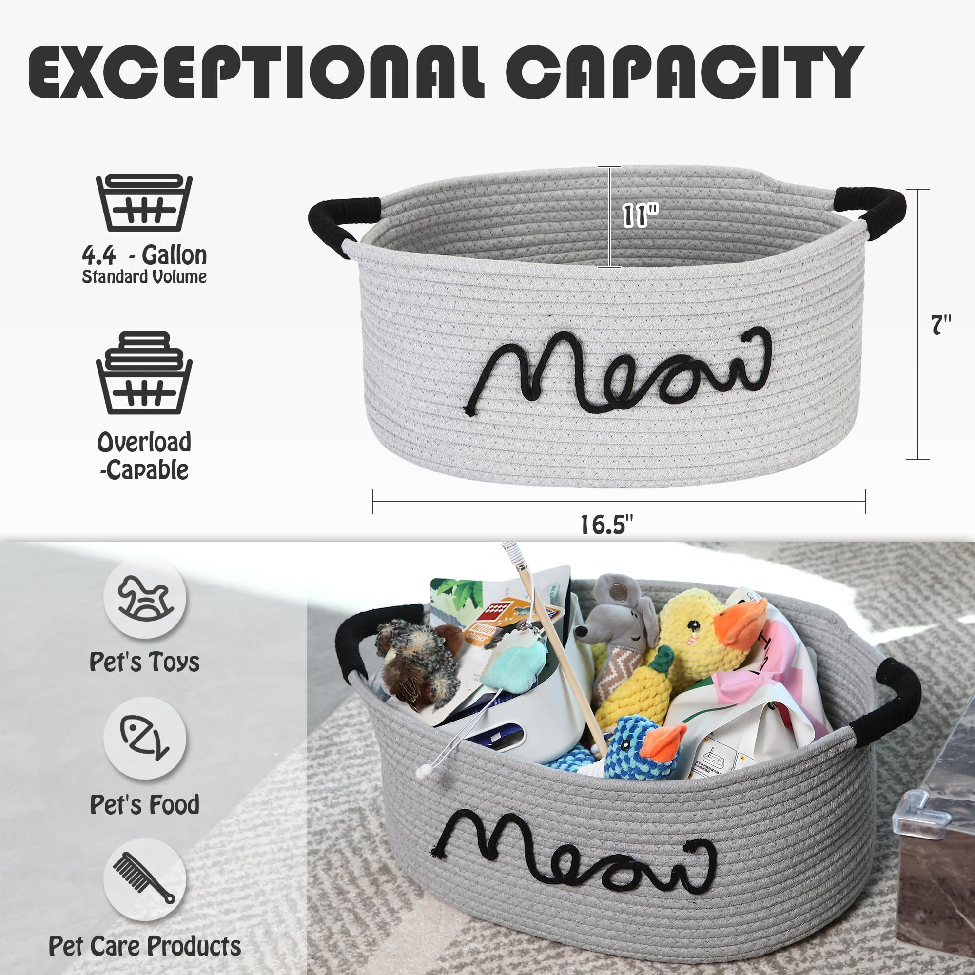 Sea Team Grey Cotton Rope Cat Toy Storage Basket Meow Print with Handles