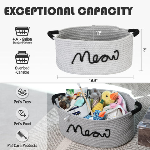 Sea Team Grey Cotton Rope Cat Toy Storage Basket Meow Print with Handles