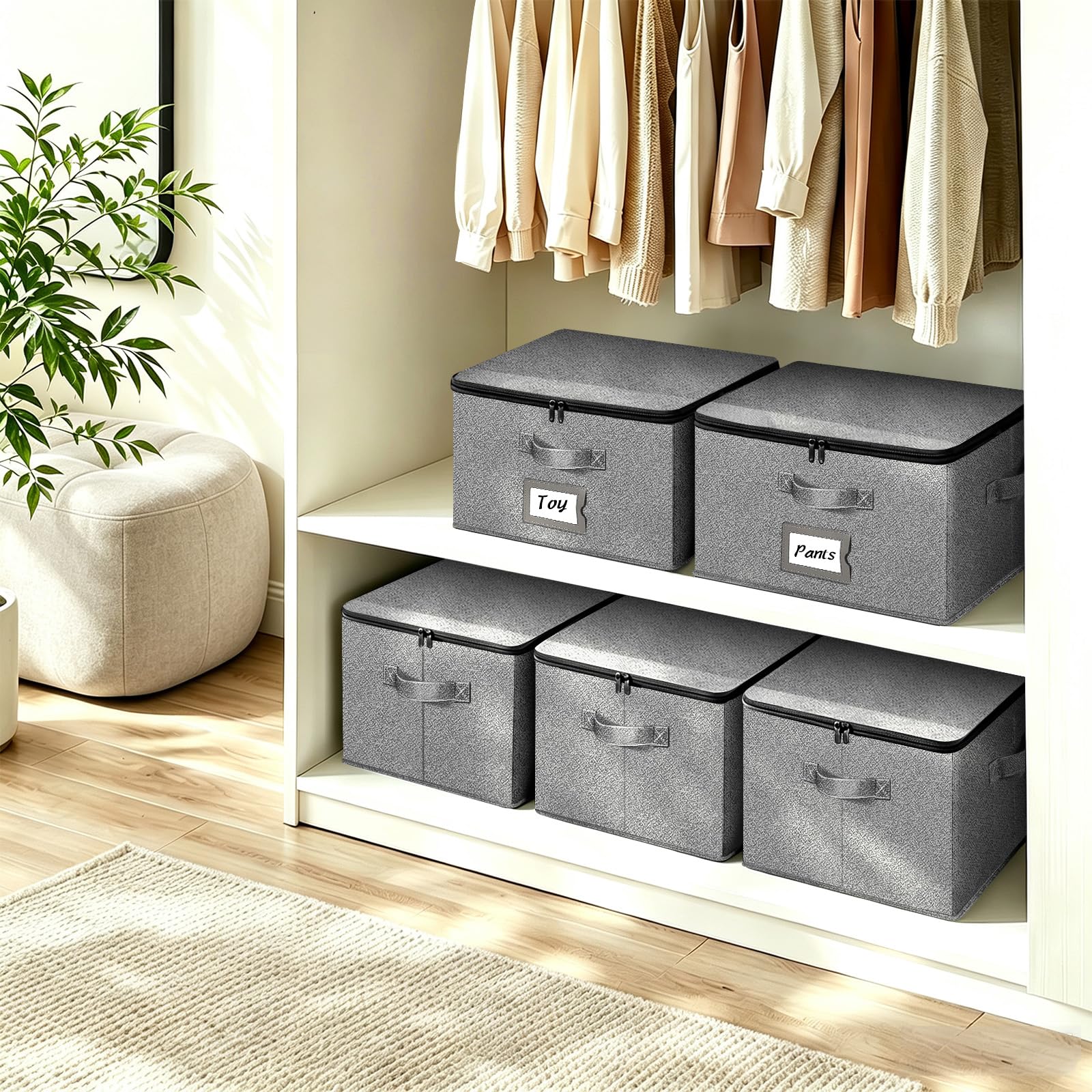 BrilliantJo Storage Boxes with Lids set of 3, Clothes Organiser with Label Holder & Double Zips 40x30x25cm Grey