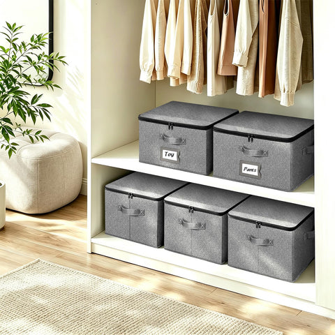 BrilliantJo Storage Boxes with Lids set of 3, Clothes Organiser with Label Holder & Double Zips 40x30x25cm Grey