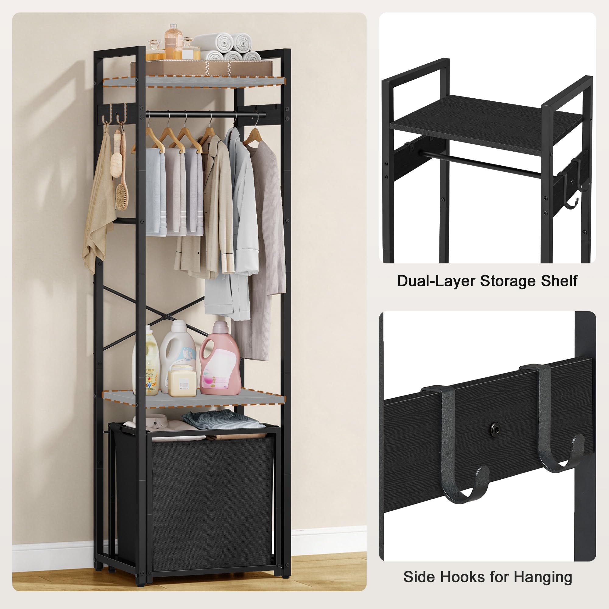 Hoctieon Open Wardrobe Clothes Rail, Garment Rack with Removable 35L Fabric Storage Basket & Tier Shelves, Freestanding Coat Stand for Hallway