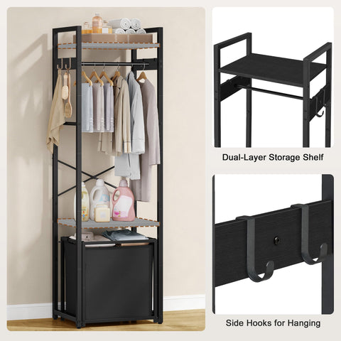 Hoctieon Open Wardrobe Clothes Rail, Garment Rack with Removable 35L Fabric Storage Basket & Tier Shelves, Freestanding Coat Stand for Hallway