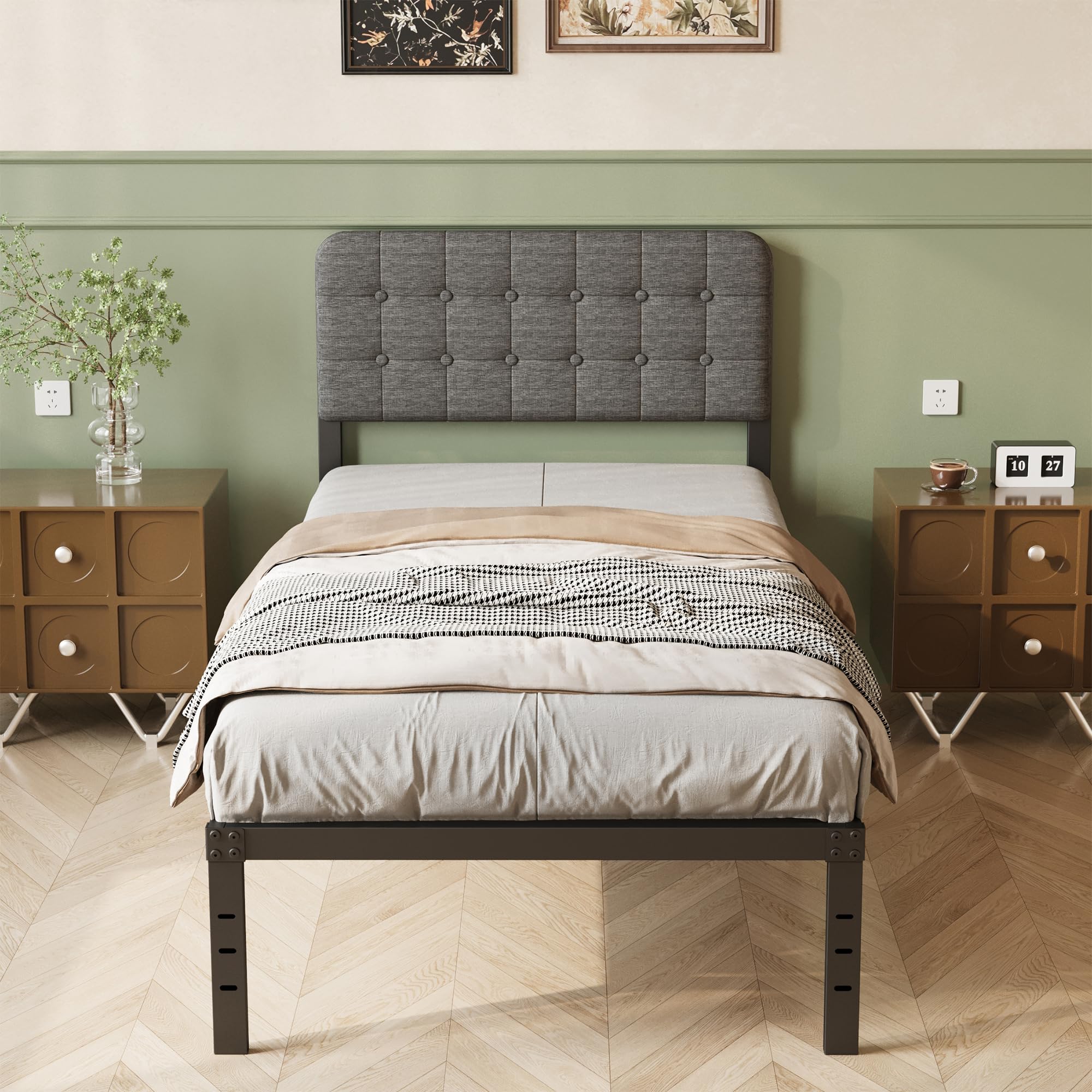 Lutown-Teen Single Bed Frame with Grey Upholstered Headboard