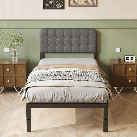 Lutown-Teen Single Bed Frame with Grey Upholstered Headboard