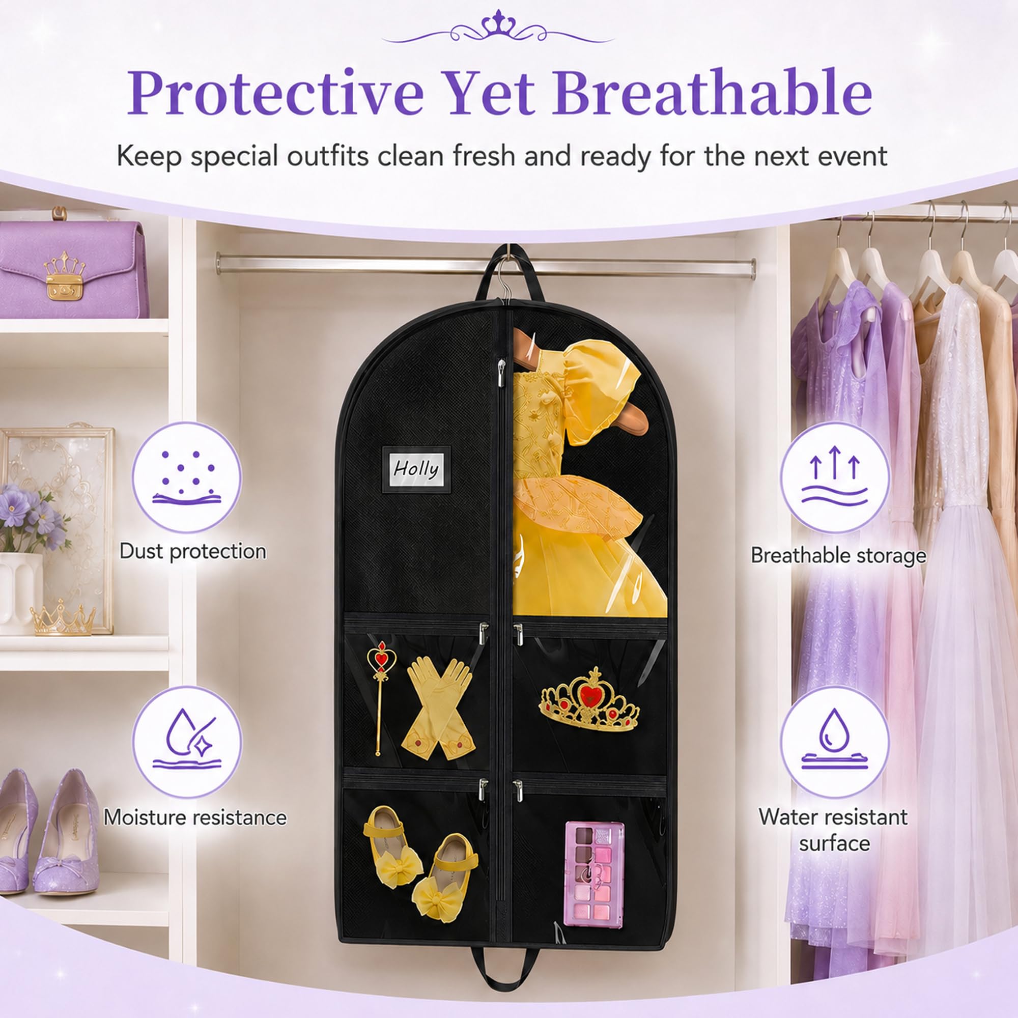 Garment Bags for Costumes & Suits – 2 Pack with 6 Clear Windows & 5 Zippers – Wrinkle-Free Storage for Dance, Travel & Sports Jerseys (Black)