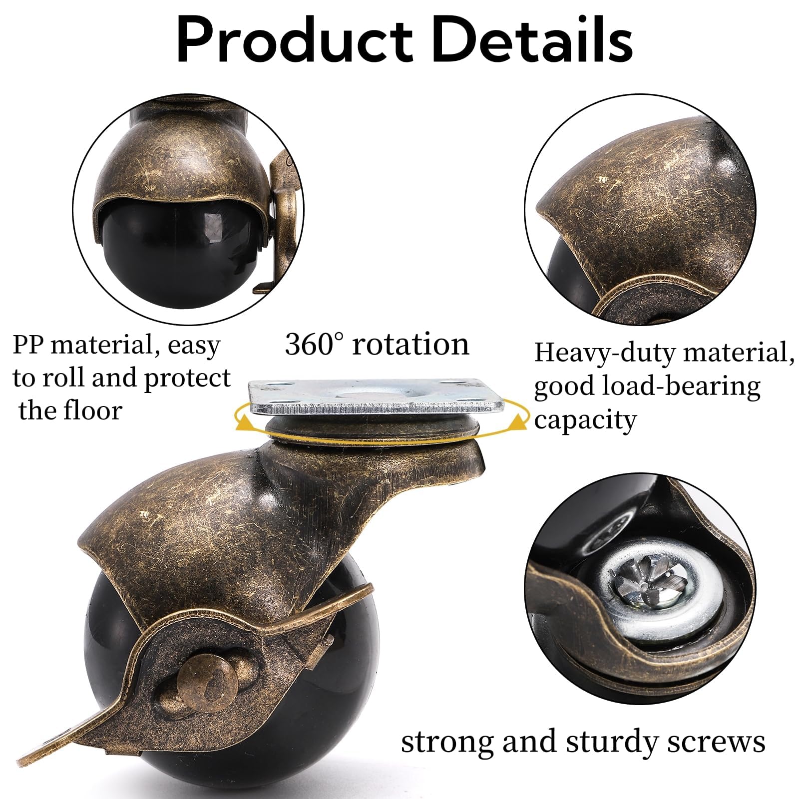 Goaste 8 Pack 50mm Ball Caster Wheels, Antique Brass Swivel Casters with Brakes, Vintage Spherical Ball Casters with Sockets