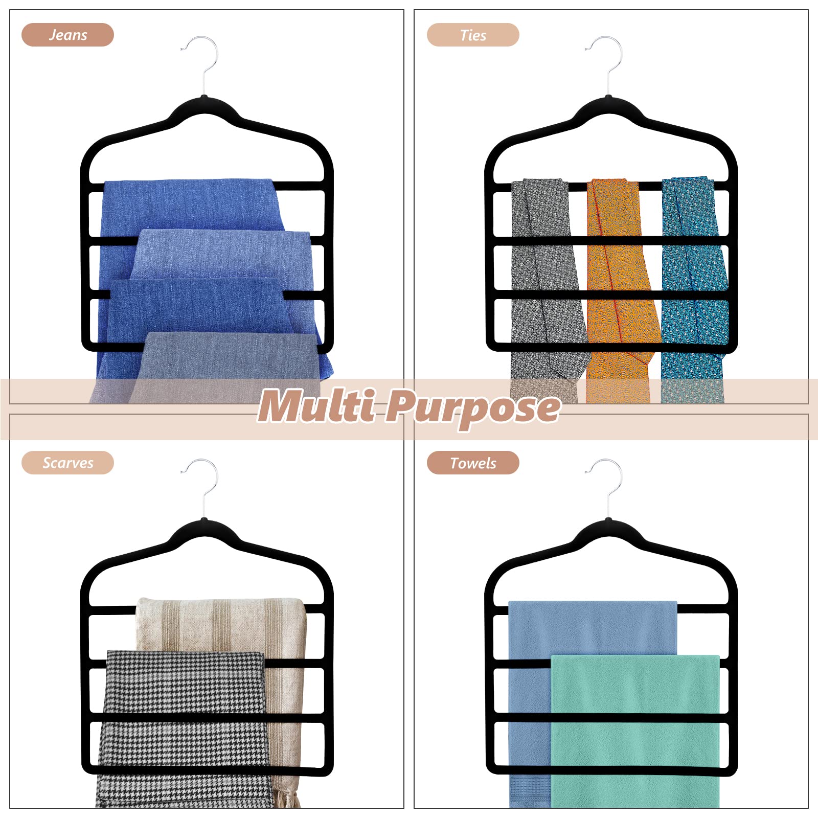 3 Pack Velvet Trouser Hangers - Space Saving, Non Slip for Jeans, Trousers, Leggings, Tie, Scarf and Towel - Multi Layer Pants Hanger for Clothes