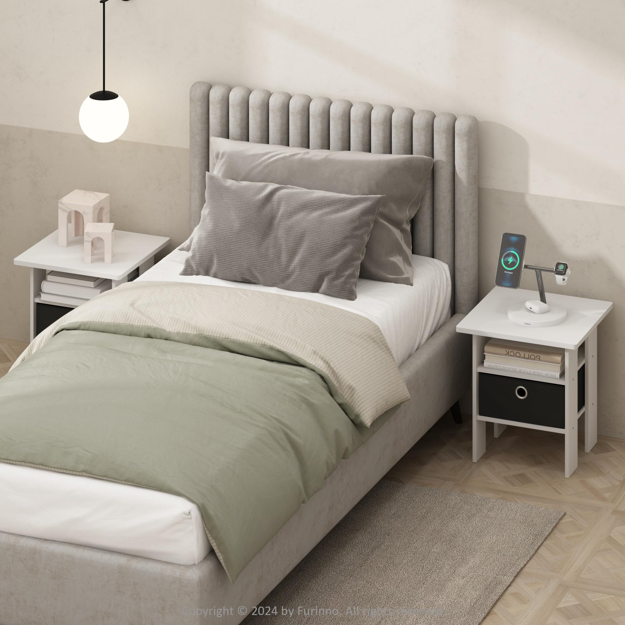 Furinno TIDUR Set of 2, Bedside Table with Storage Bin, White