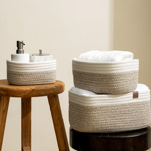 LA JOLIE MUSE Small Cotton Woven Storage Baskets, White & Desert, 3 Pack