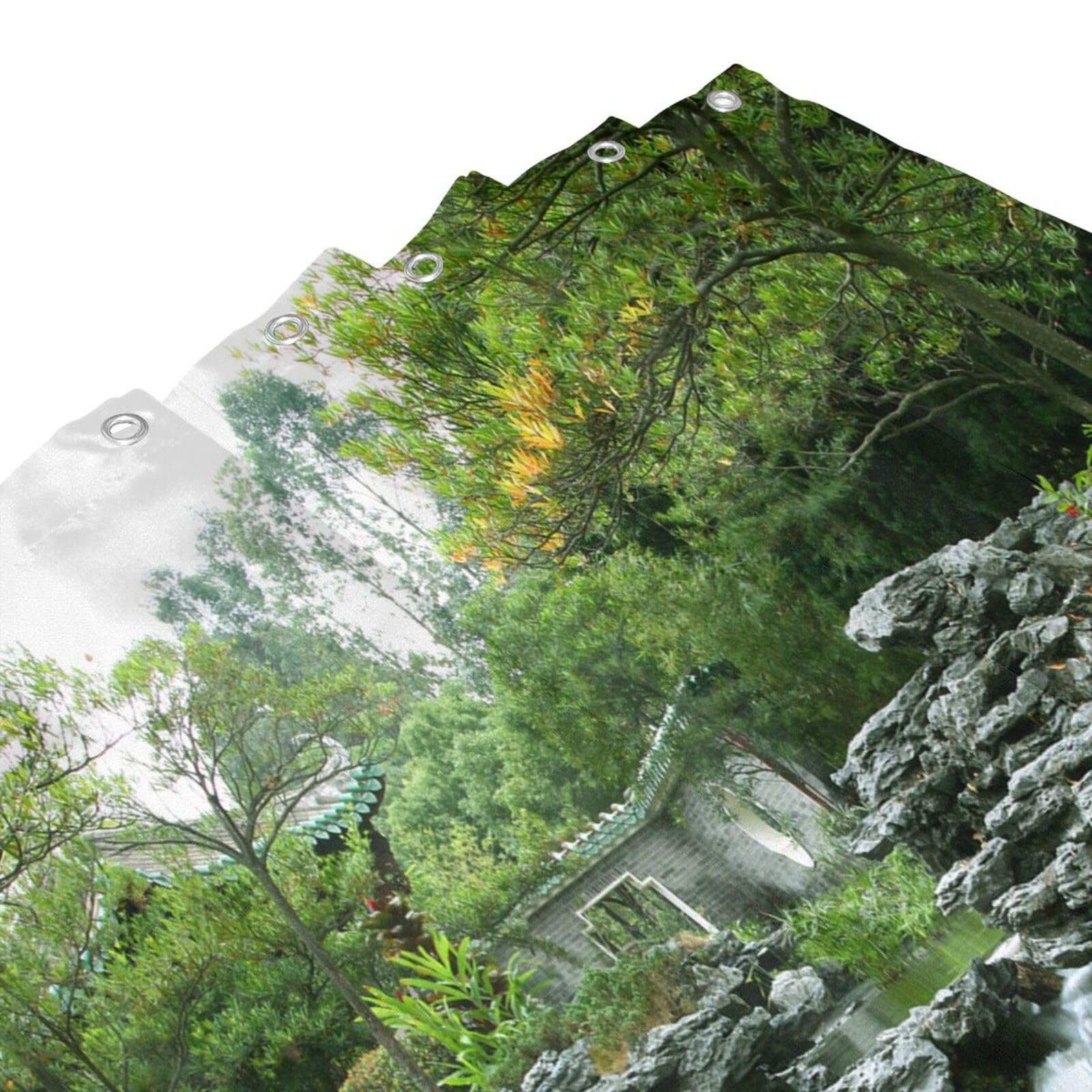 SATOHA Shower Curtain Rockery Flowing Water Waterproof Moistureproof Green Plant Garden Bathroom Bath Curtains Decoration 183x183cm
