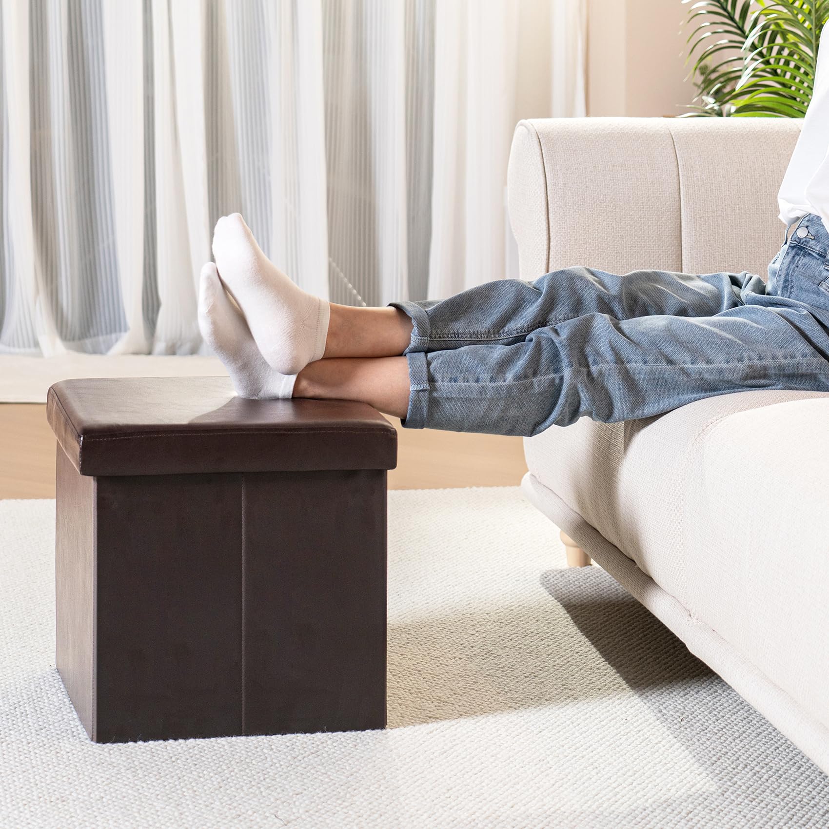 Bonlife Small Ottoman Storage Box with Lid, Foldable Cube Footstool