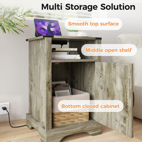 SUNVIVI Bedside Table with Charging Station, 2 AC Outlets & 2 USB Ports, Farmhouse Side Table with X-Design Storage Shelf