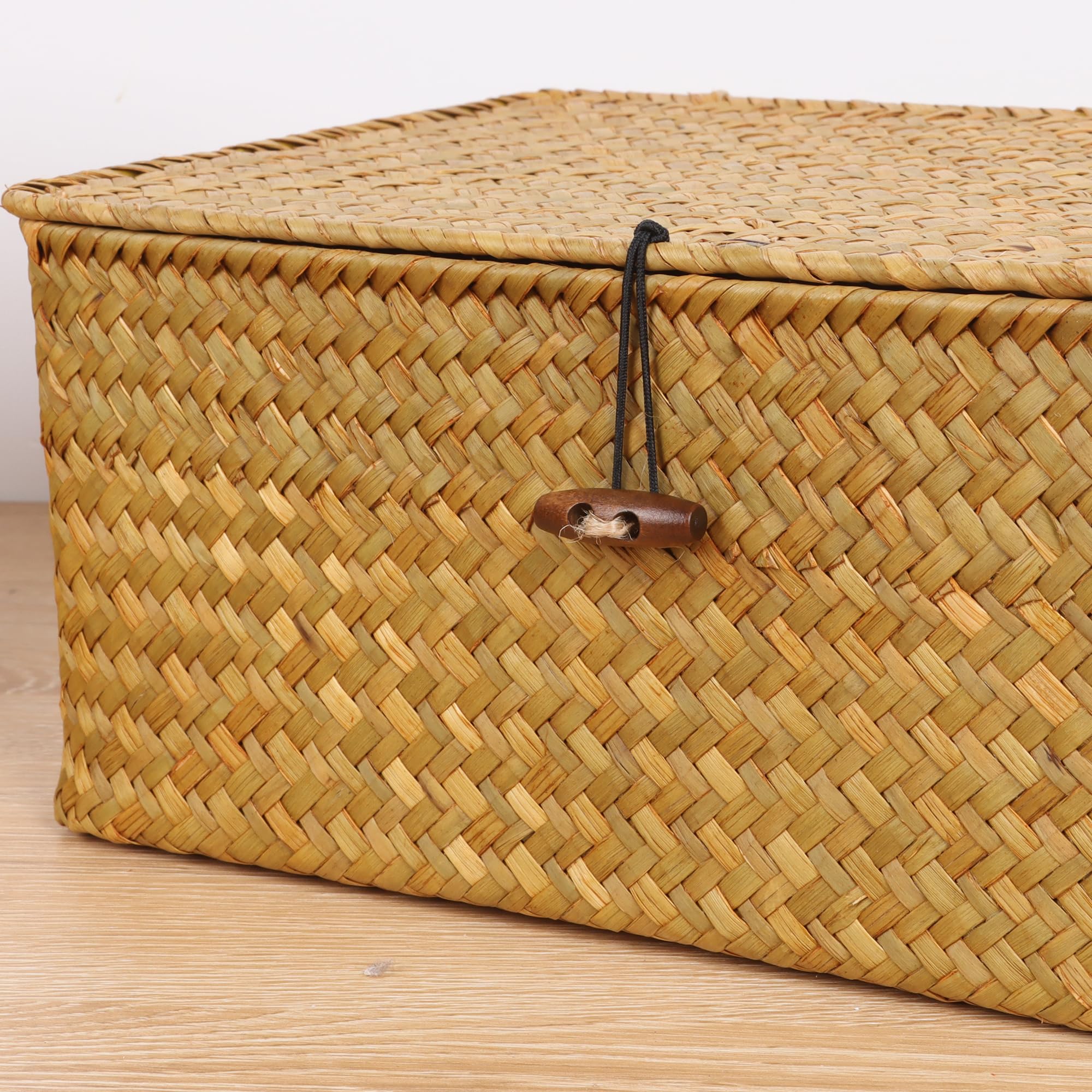 FEIALNDUO Wicker Shelf Baskets with Lid,Seagrass Storage Basket Bins Rectangular Handwoven Basket Boxes for Shelves Desktop Home Organizer