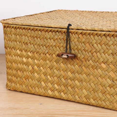 FEIALNDUO Wicker Shelf Baskets with Lid,Seagrass Storage Basket Bins Rectangular Handwoven Basket Boxes for Shelves Desktop Home Organizer