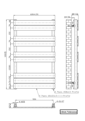 Warmehaus Black 1000x600mm Flat Panel Heated Towel Rail 68mm