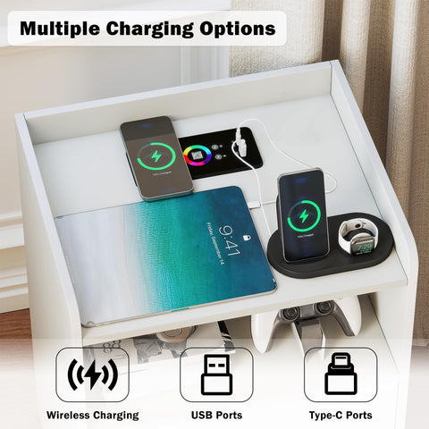 Quikraen Bedside table with 2 Drawers, wireless charging and LED light
