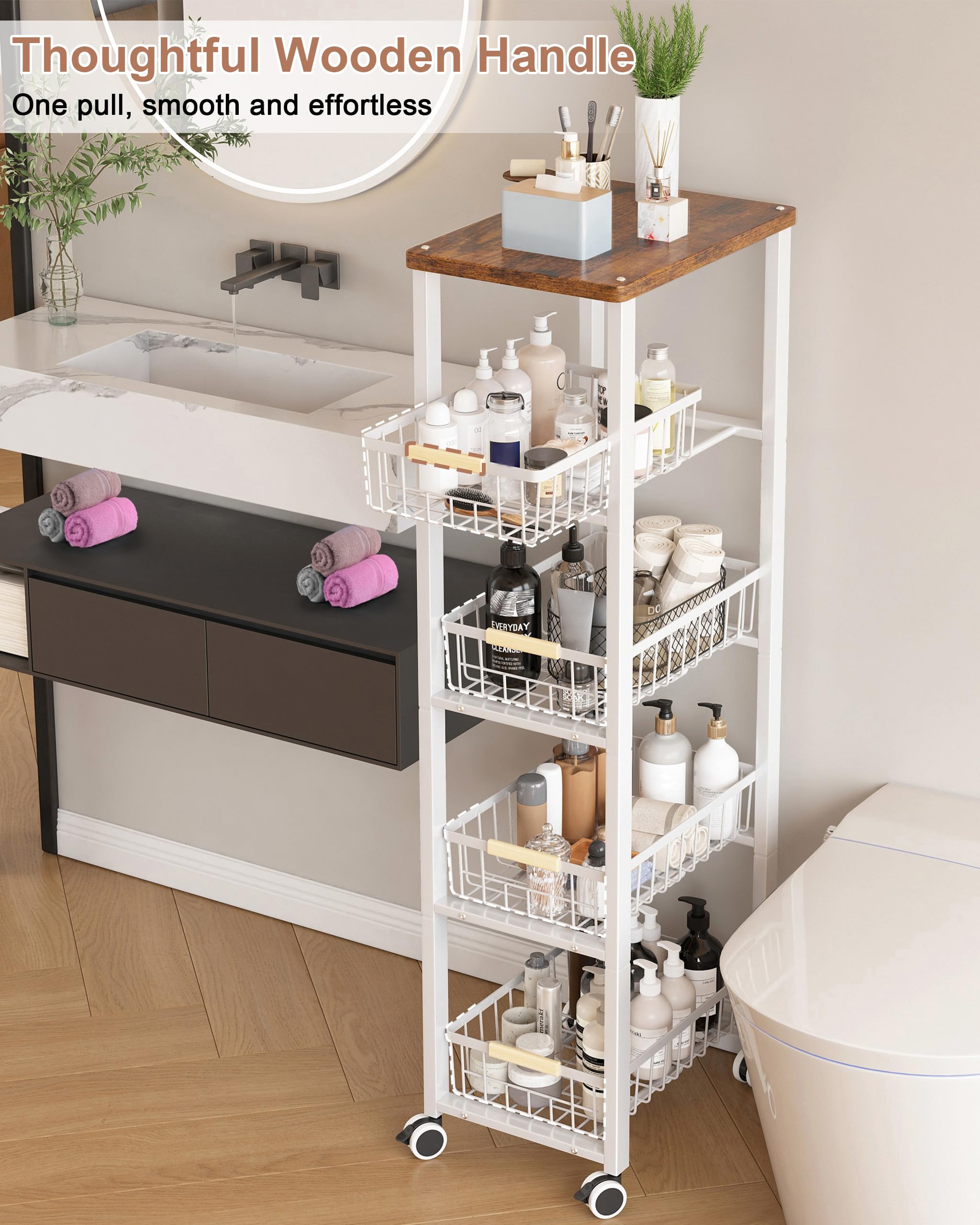 Ornestia 5-tier Vegetable Rack with Wooden Top for Kitchen Storage（White