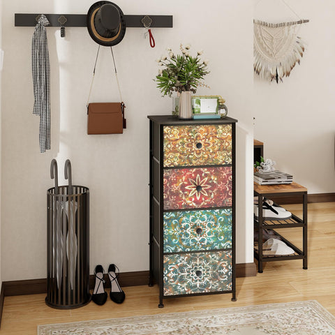 Welfuturer Chest of Drawers with 4 Fabric Drawers Bohemian Print Bedroom Storage Unit Nightstand End Table with Wood Top Metal Frame for Bedroom
