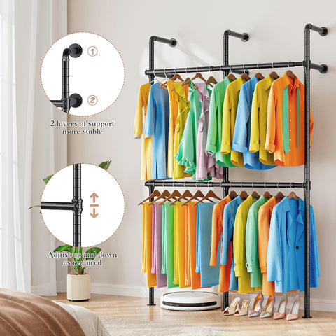 KZOBYD Extendable Wall Mounted Clothes Rails, Width 124 cm to 219 cm, Black