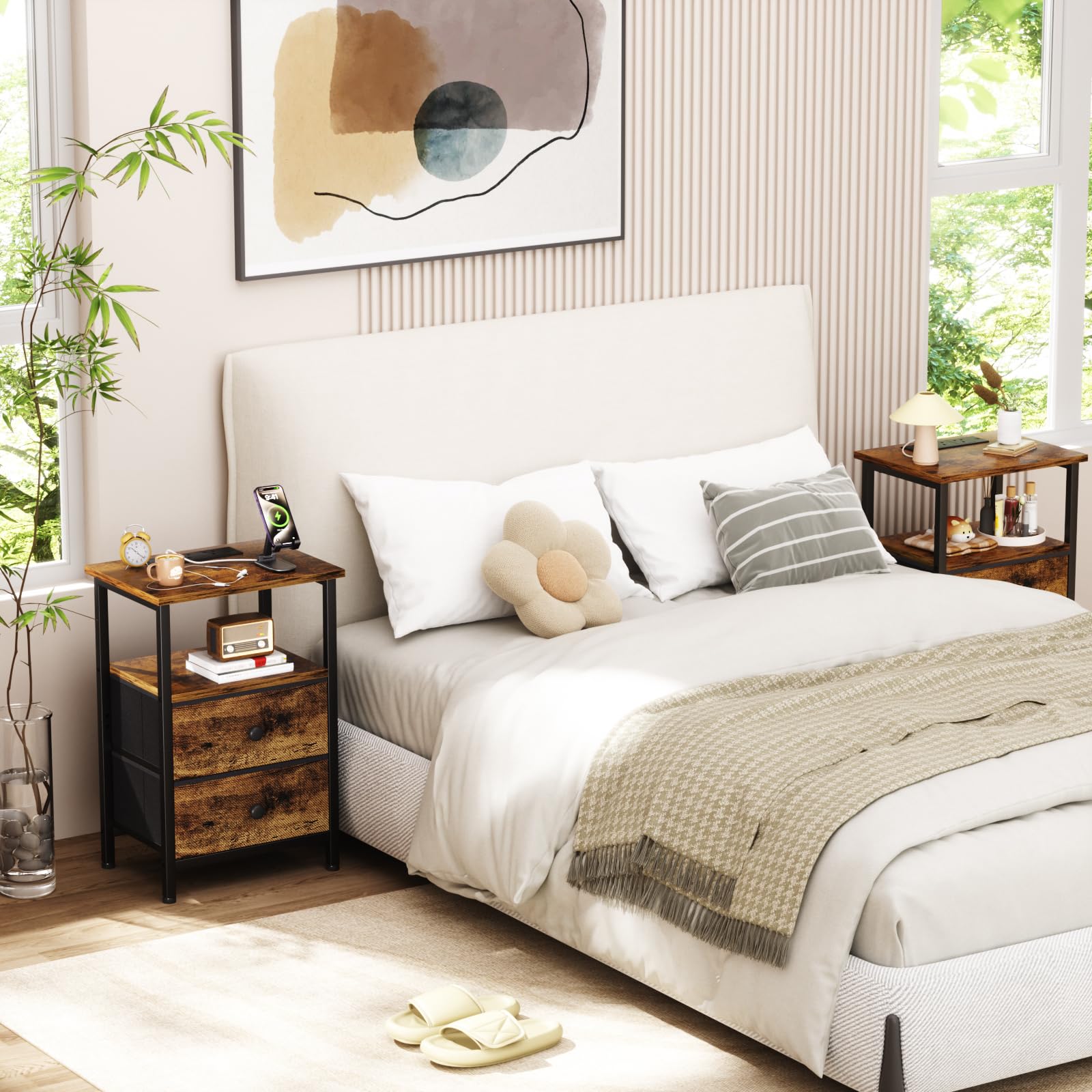 LOAKEKEL Bedside Table with Charging Station, Side Table for Bedroom