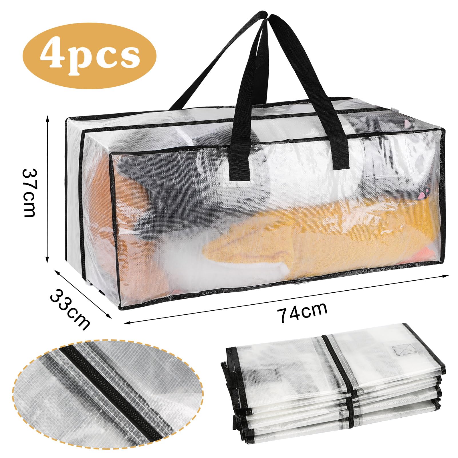 4 Pack 92L Clear Clothes Storage Bags, Waterproof Heavy Duty Moving Storage Tote with Strong Zipper&Handles for Moving House, Blankets