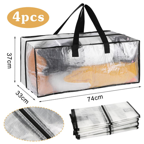 4 Pack 92L Clear Clothes Storage Bags, Waterproof Heavy Duty Moving Storage Tote with Strong Zipper&Handles for Moving House, Blankets