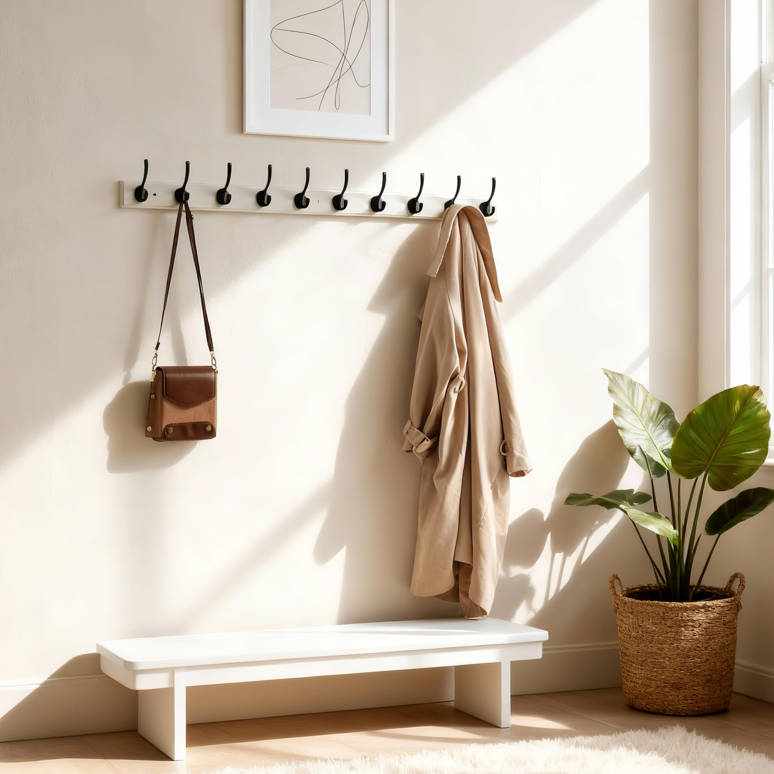 WEBI Coat Rack Wall Mounted,10 Hooks,97cm Long Wall Coat Hanger,Coat Hooks Wall Mounted for Hanging Coats,Clothes,Jacket,Black on White
