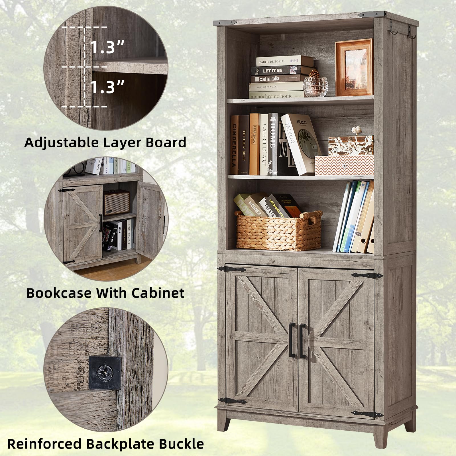 LELELINKY 70in Tall Bookshelf 5 Tier Bookcase with Barn Doors and Adjustable Shelves, Oak Farmhouse Book Shelf with Storage Cabinet
