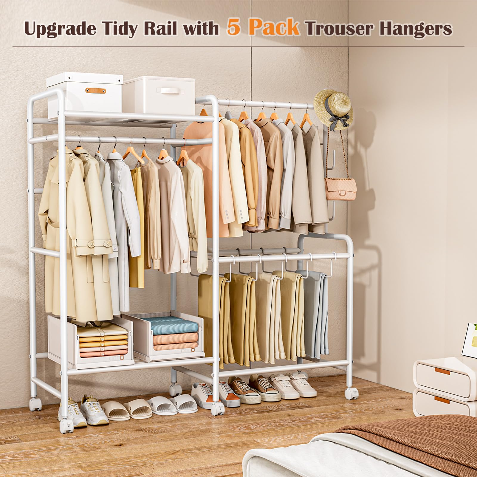 Casavibe Heavy Duty Clothes Rail with Wheels, 125KG Metal Clothing Rack with Trouser Rack, Top Shelf, 4 Hooks & 5 Trouser Hangers