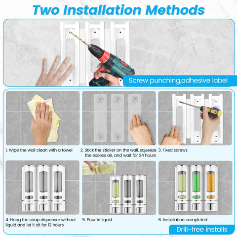White Soap Dispenser Wall-Mounted, No-Drill Installation for Shower Gel, Shampoo, Conditioner & Dish Detergent