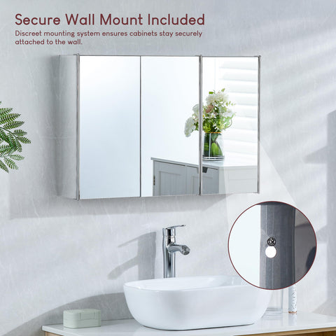 Bath Vida Tiano Triple-Mirror Bathroom Cabinet Wall-Mounted Stainless Steel Modern Storage Cupboard (No Assembly Required)