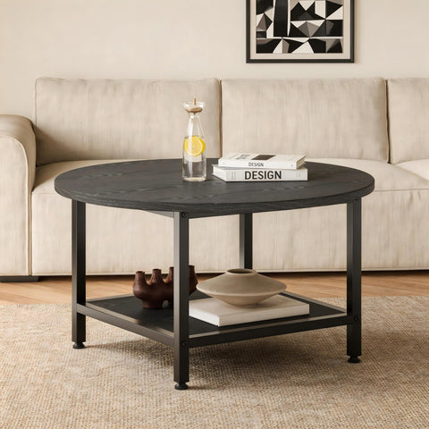 ARFARLY Round Coffee Table for Living Room 2-Tier Circle Coffee Table Black