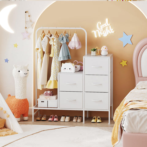COTUBLR Chest of Drawers Bedroom, Including 4 Fabric Drawers, with a Sturdy Clothes Rail and 2 Coat Hooks