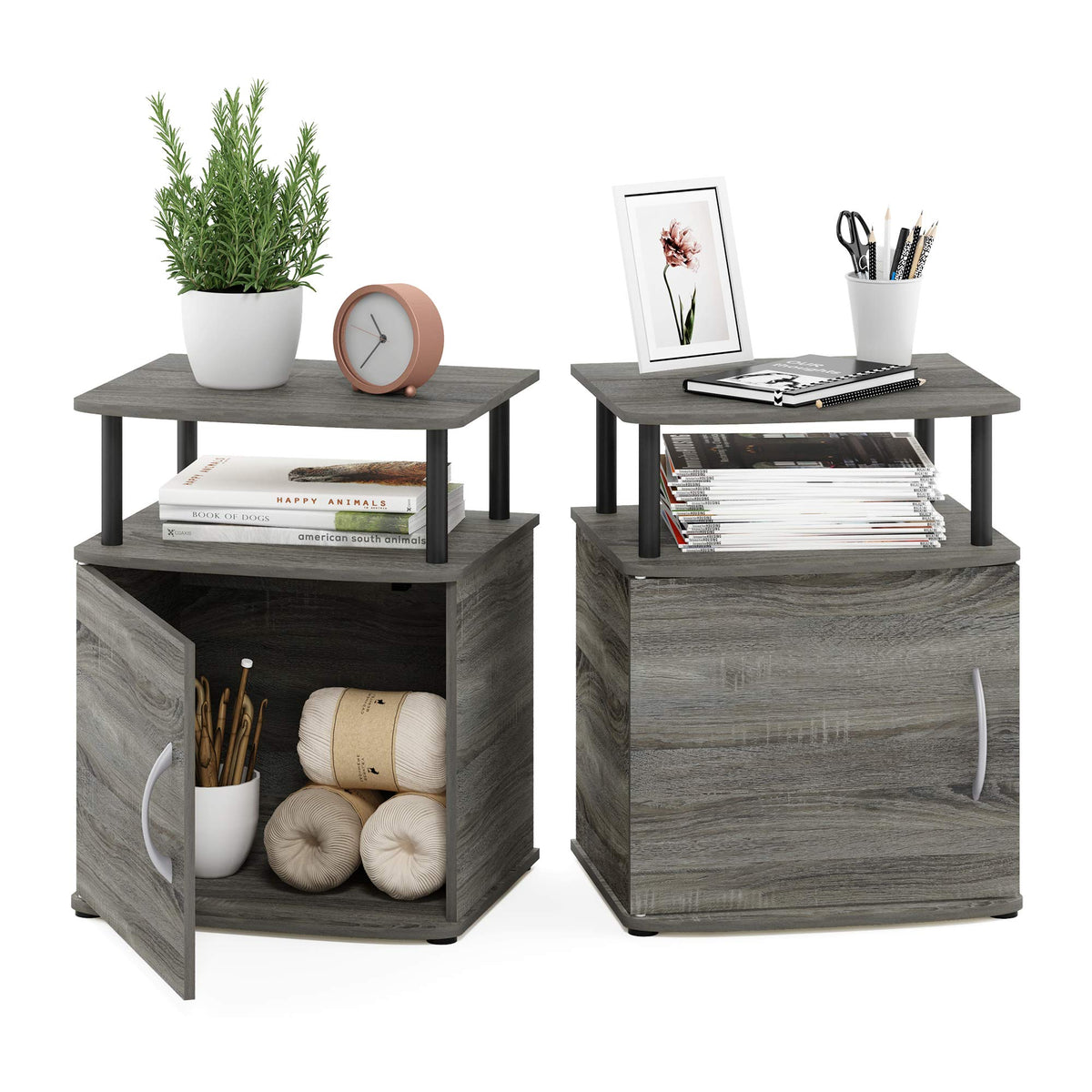 Furinno JAYA Side Table Set of 2, 2-Tier Open Shelf End Table with Door Cabinet, Soft-edges Night Stand, Bedside Table, for Living Room, Bedroom