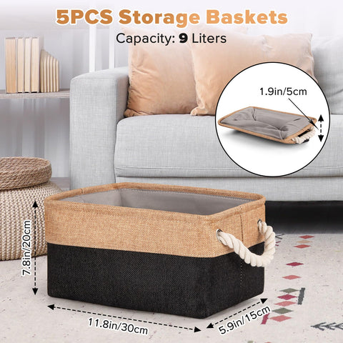 5 Pack Storage Baskets for Shelves with Cotton Rope Handles, Foldable Fabric Canvas Material Storage Boxes Organiser for Clothes, Toys