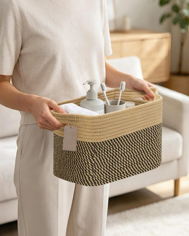 JOJOSEE Small Cotton Rope Woven Storage Basket for Shelves, Black&Brown