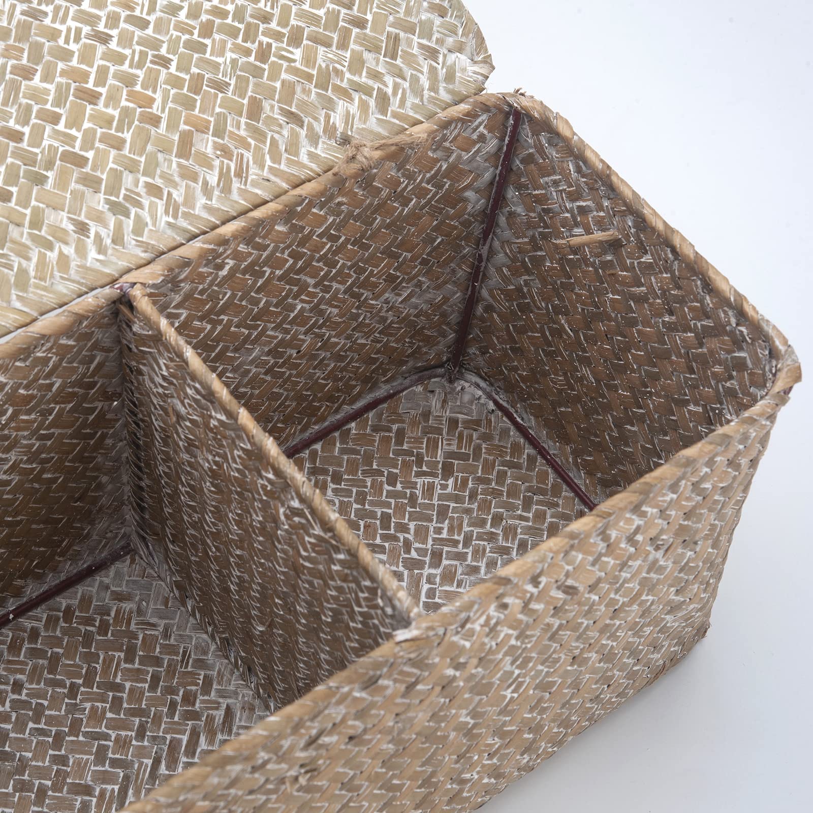 Whitewash Seagrass Tank Basket with Lid Woven Toilet Roll Storage Basket with Sections Rectangular for Organize Snack Toys