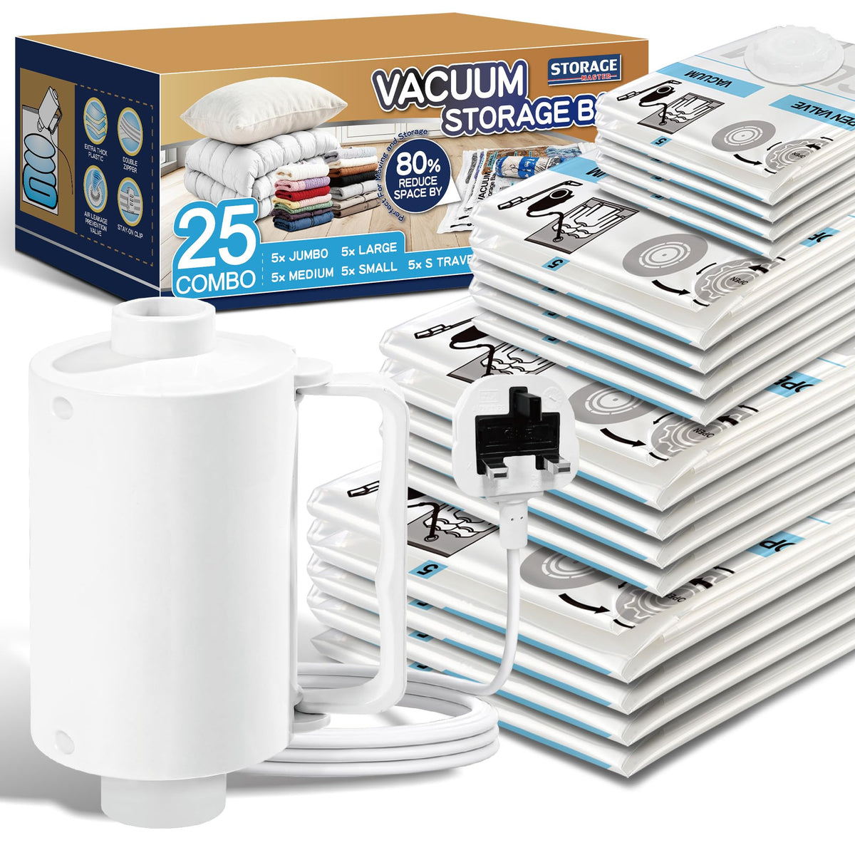 STORAGE MASTER Vacuum Storage Bags, Space Saver Bags 80% More Storage Space, with Electric Pump (25, Combo)