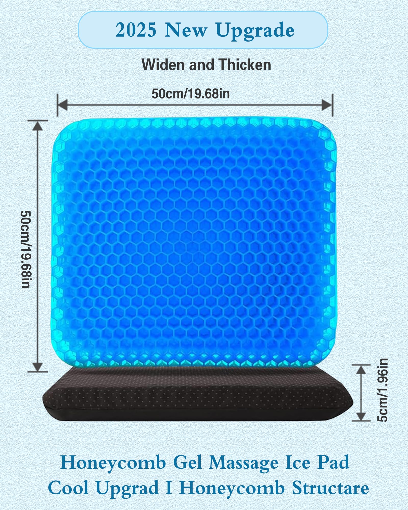Rewoalzx 2025 Upgraded Cooling Gel Seat Cushion 50x50x5cm - Extra Thick Honeycomb Blue Cushion for Back Pain Relief, Breathable & Machine Washable
