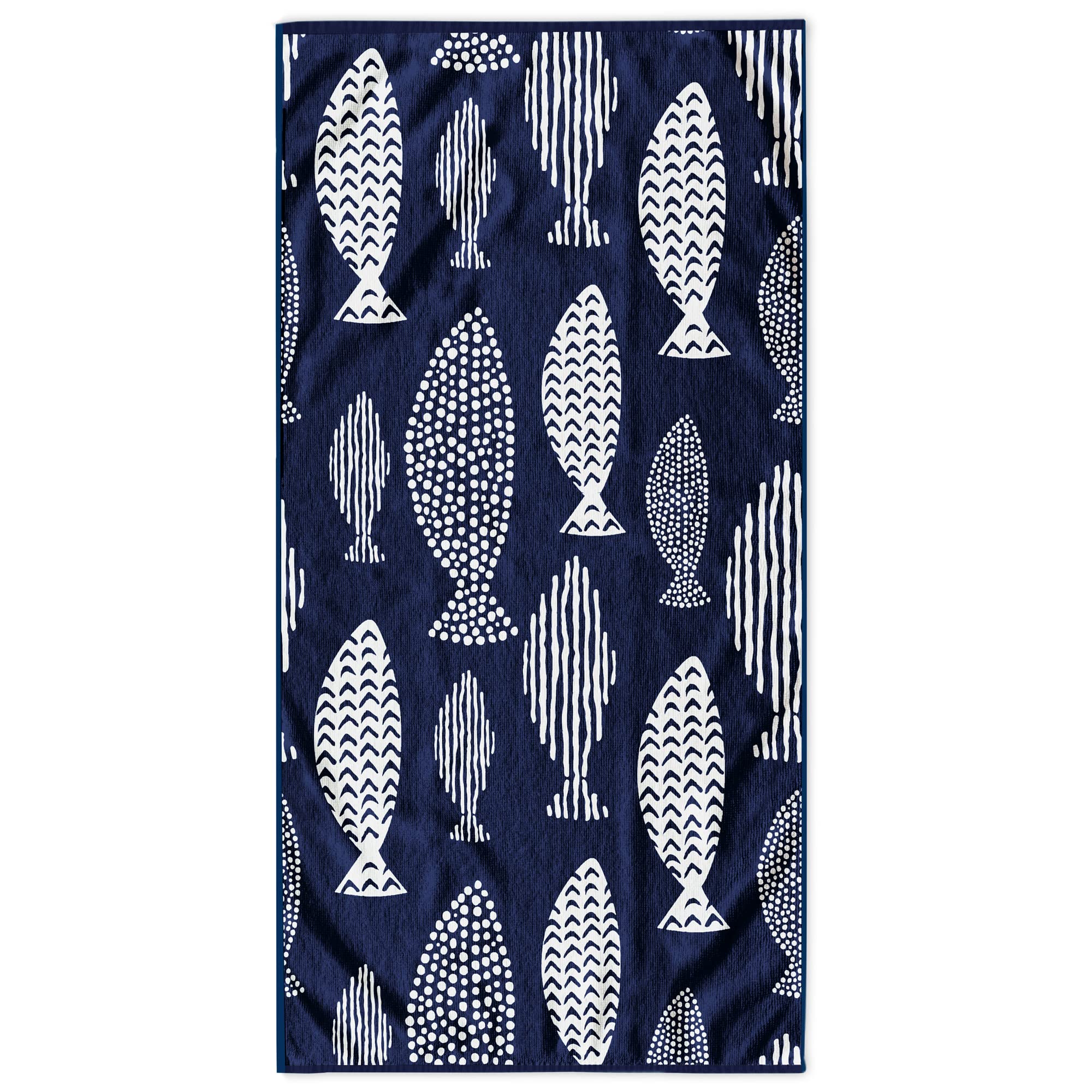 RESTILO Beach Towel Large 90 x 180 cm Cotton Terry Velour Bath Towel Blue White Fish