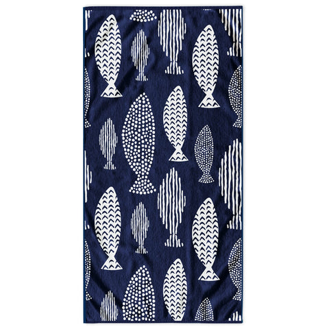 RESTILO Beach Towel Large 90 x 180 cm Cotton Terry Velour Bath Towel Blue White Fish