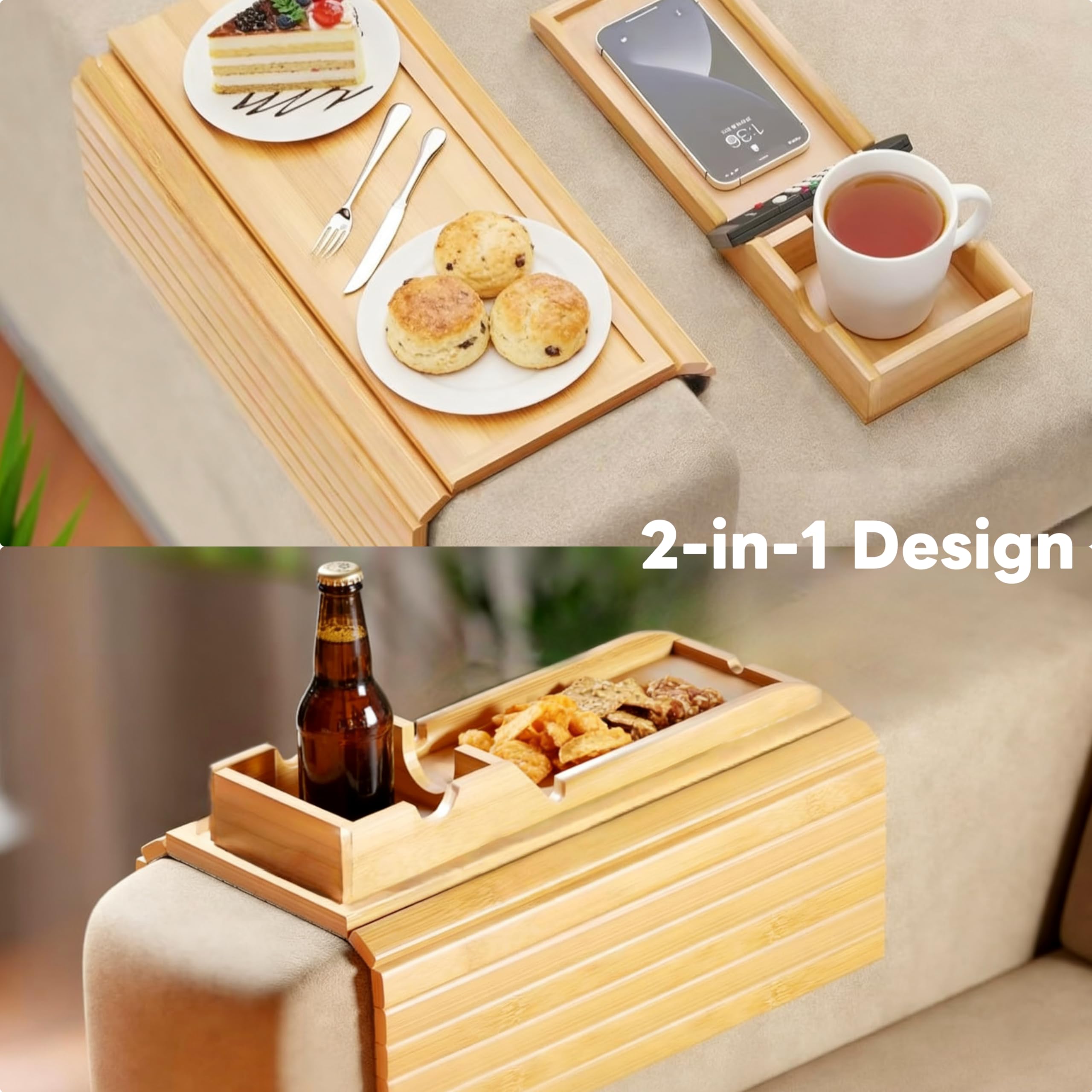 Ancaedhl Bamboo Sofa Arm Tray, 2-in-1 Foldable Armchair Tray with Built-in Cup Holder - Anti-Slip Couch Armrest Tray for Living Room