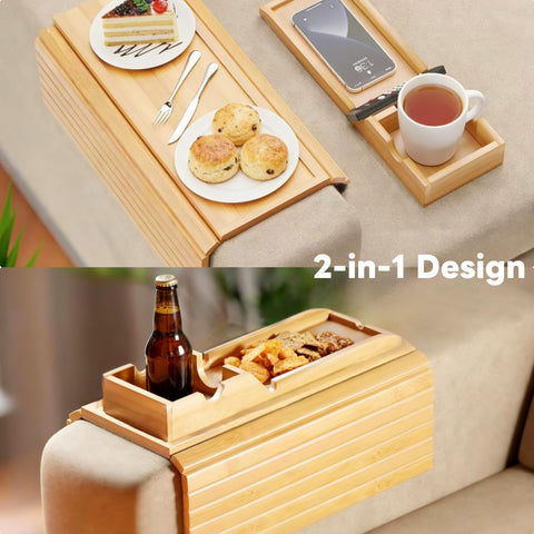 Ancaedhl Bamboo Sofa Arm Tray, 2-in-1 Foldable Armchair Tray with Built-in Cup Holder - Anti-Slip Couch Armrest Tray for Living Room