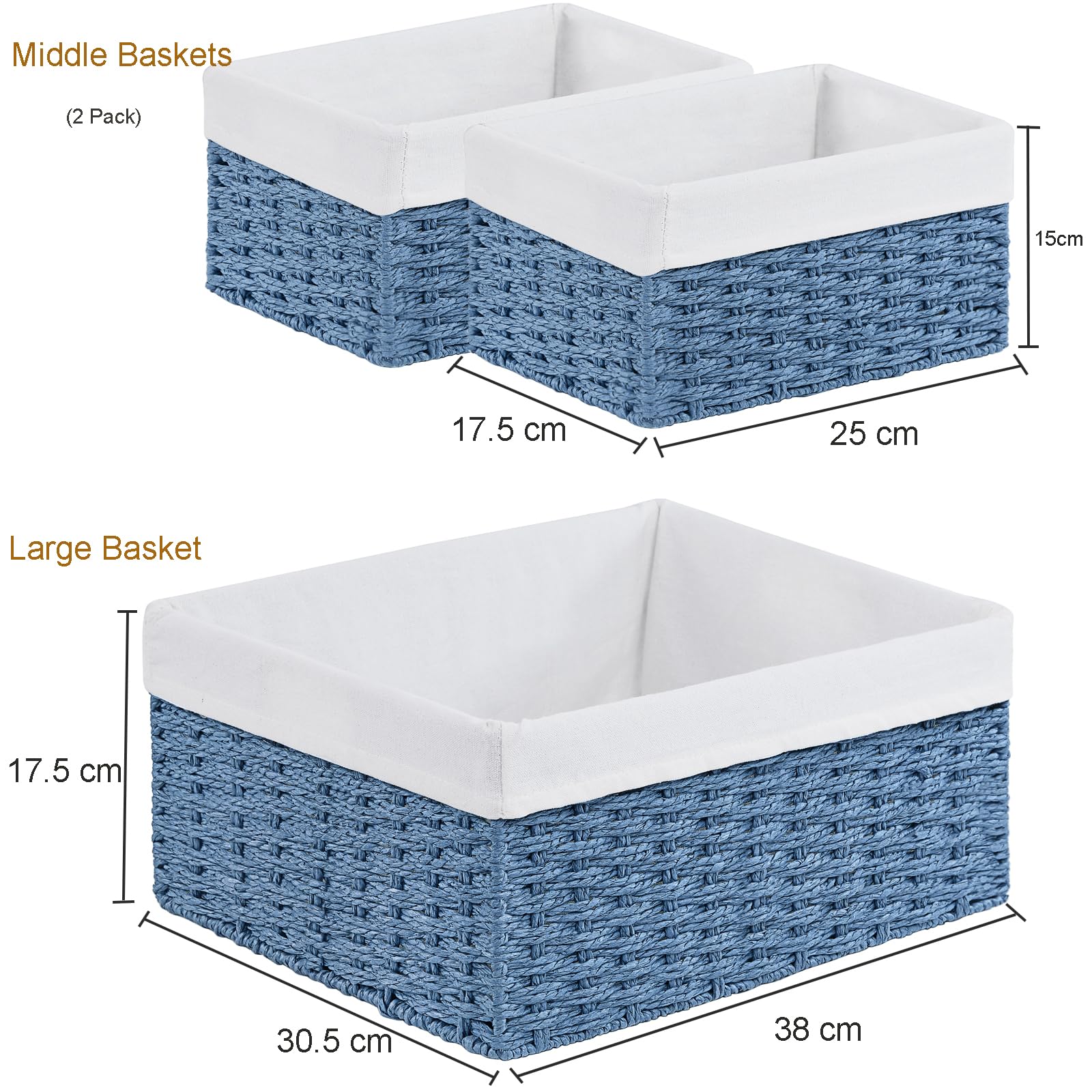 Vagusicc Wicker Basket, Set of 3 Rectangular Storage Gift Hamper Basket with Removable Fabric Lining, Storage Baskets for Shelves, Panty, Bathroom