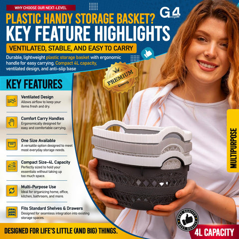 G4GADGET Plastic Handy Storage Basket with Handle – Durable Small Plastic Basket for Kitchen, Bathroom, Shelves – Lightweight