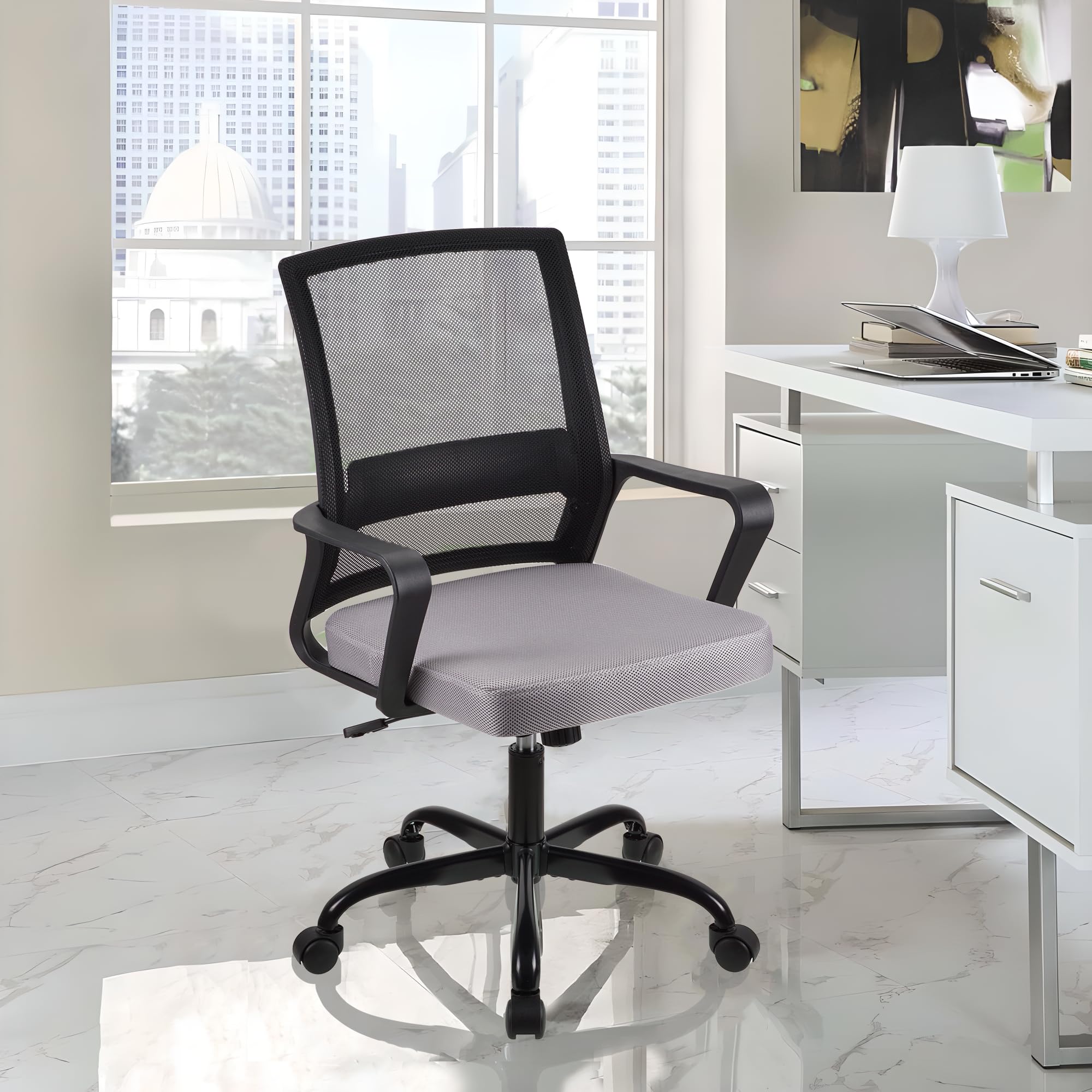 T-THREE.Adjustable office chair, ergonomic mesh swivel seat, with lumbar support, height adjustment, 360° rotation, and tilt function