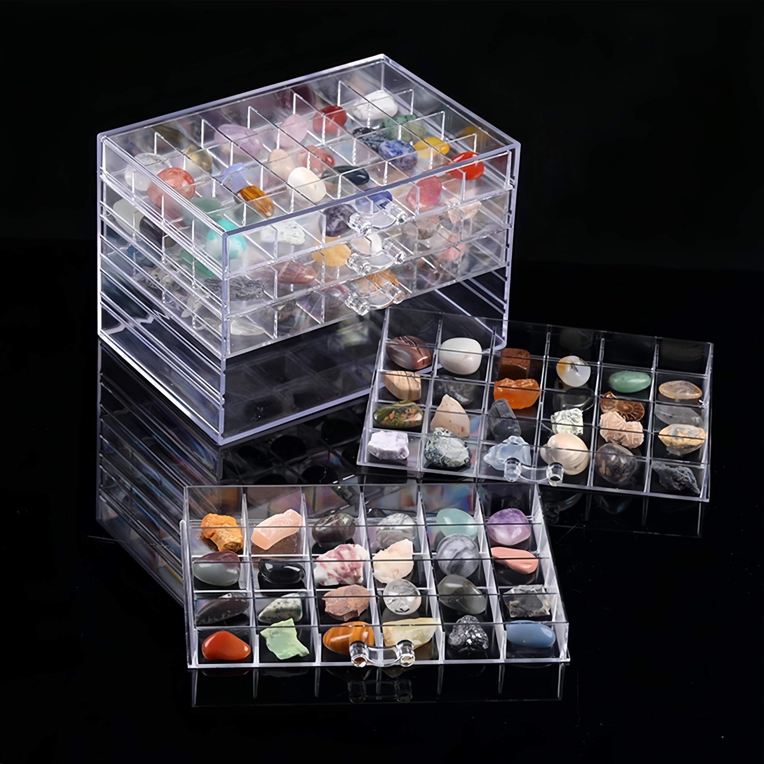 Dmnnlp Small Rock Display Case, 5 Drawers 120 Grids(3x3cm), Clear Acrylic Rock Collection Box